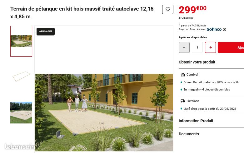 Terrain de pétanque en kit bois massif traité autoclave 12,15 x 4,85 m NEUF (image 2)