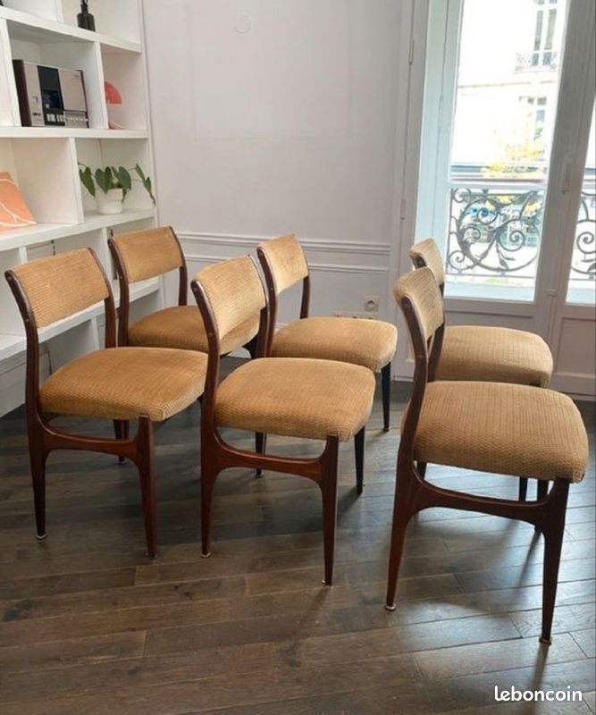 Suite de 6 chaises scandinaves en teck & velours sable dans le goût d’Erik Buch - Vintage des années 60’s (image 8)