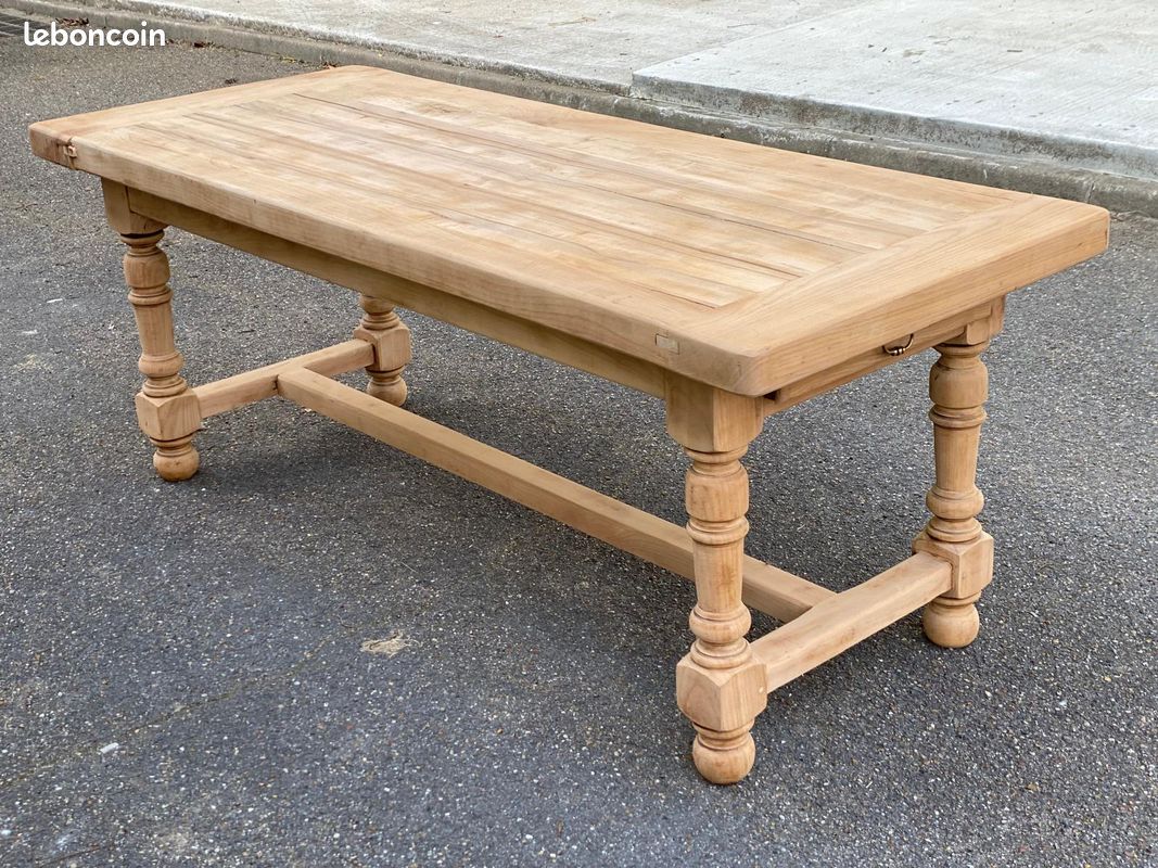 Table à manger de ferme rénovée en bois massif 200cm des années 50 (image 1)