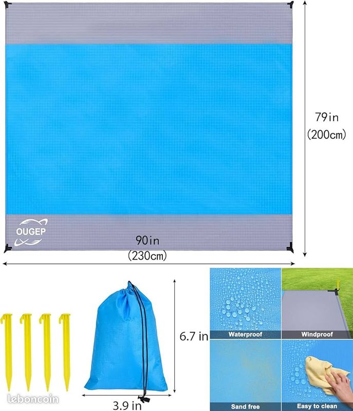 Tapis de plage XXL OUGEP – neuf - Imperméable & anti-sable – 200×230 cm 🌊 (image 4)