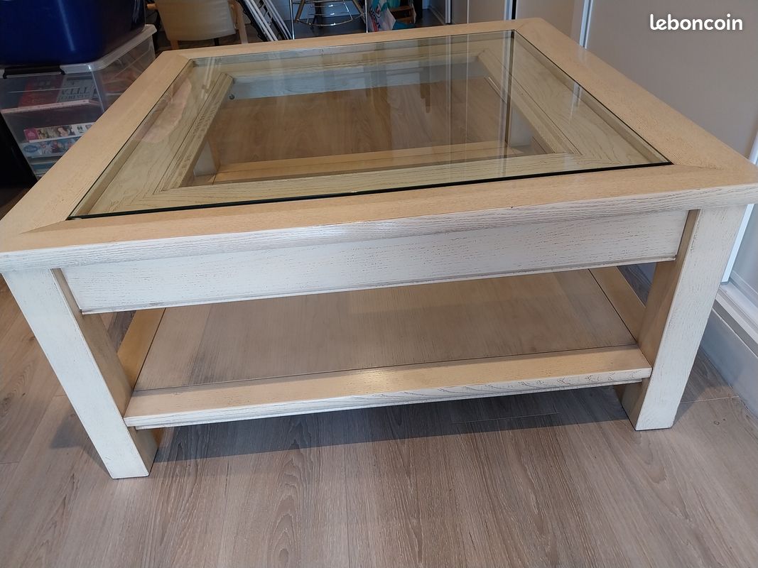 Très belle table de salon en chêne avec vitre (image 1)