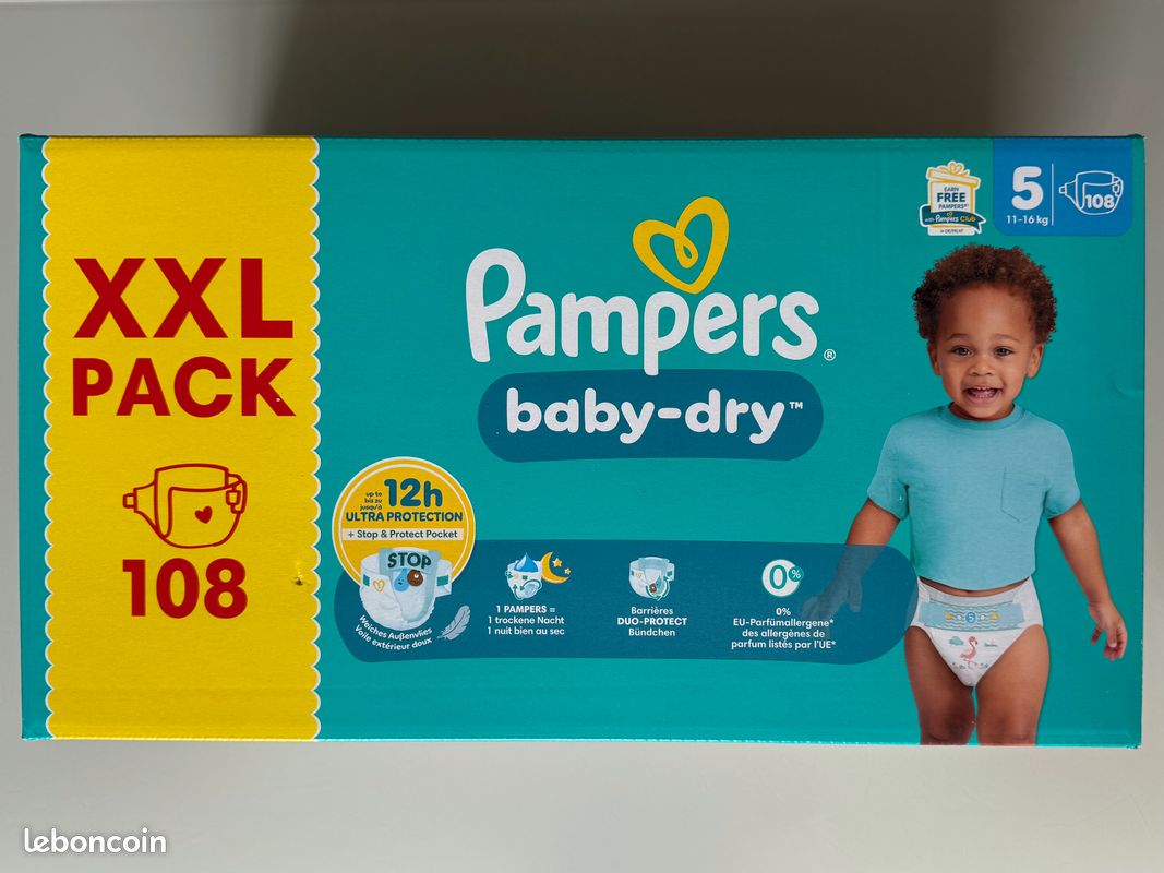 Couches Pampers baby-dry taille (11-16kg) XXL pack 108