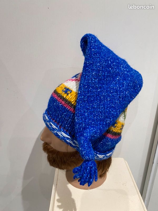 Bonnet pointu laine artisanale Lutin ethnique Bleue, multicolore atypique (image 7)