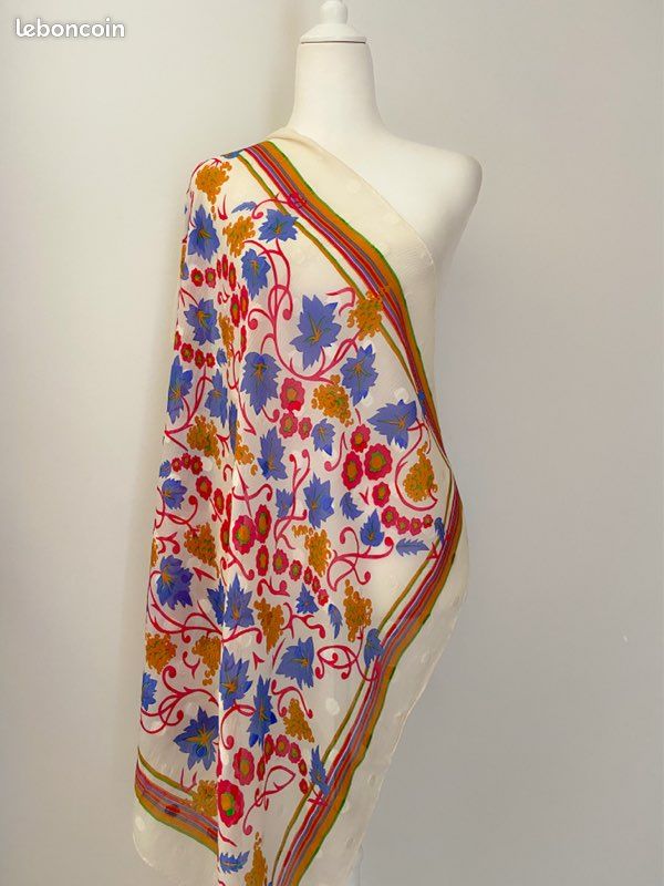 Châle Vintage LANVIN En Soie – Multicolore, Motif Géométrique, Fait Main En Italie, Très Bon état