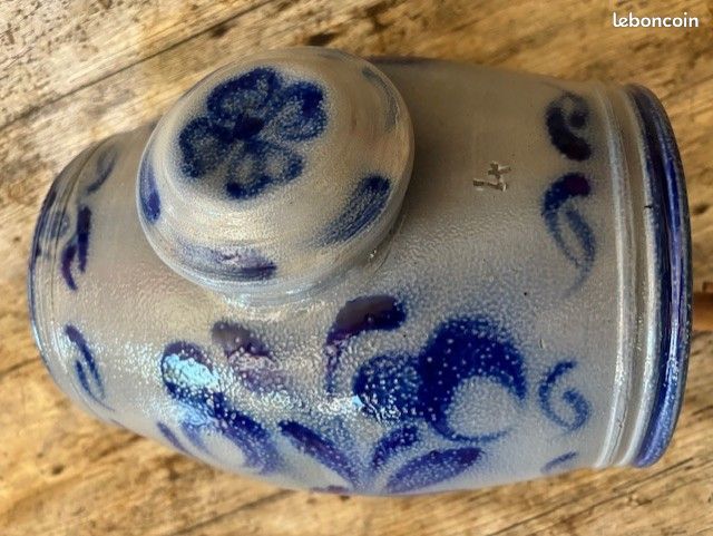 Ancien VINAIGRIER tonneau en GRES d'ALSACE décor foral bleu cobalt (image 3)