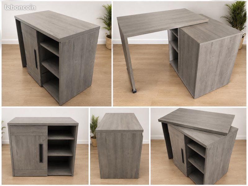 Meuble bar / console extensible avec plateau pivotant — coloris gris bois (image 3)