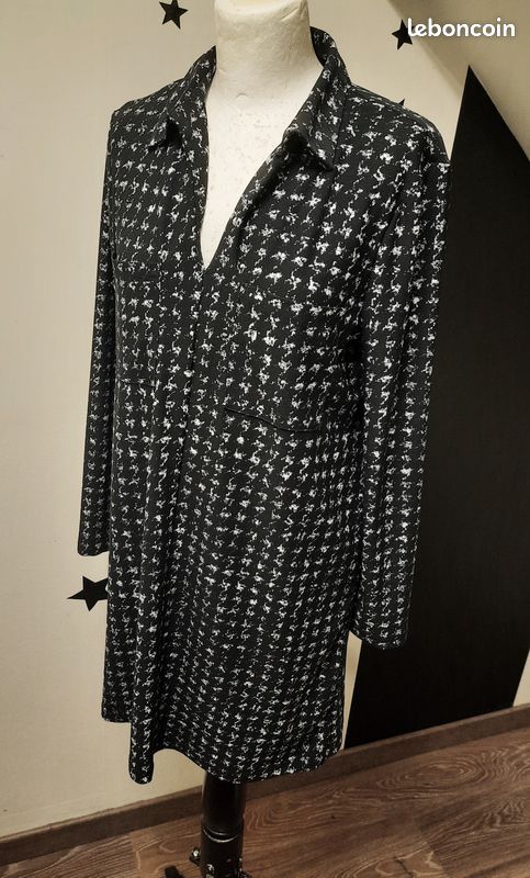 Robe noire imprimé tacheté pied-de-poule blanc, Mango, M