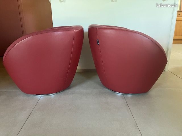 2 Fauteuils Roche Bobois EDITO -cuir et tissu rouge6pivotants (image 3)