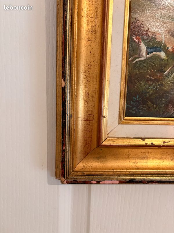 Mini Plaque émail Peinte à La Main - Scène De Chasse Au Renard - Cuivre Et Cadre Doré - Vintage UK
