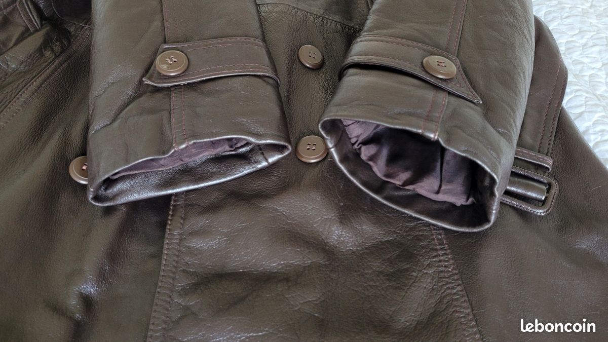 Veste En Cuir Mi-longue Pour Homme Taille L - Marron, Doublure Laine, Fabriquée En Italie, Très Bon état