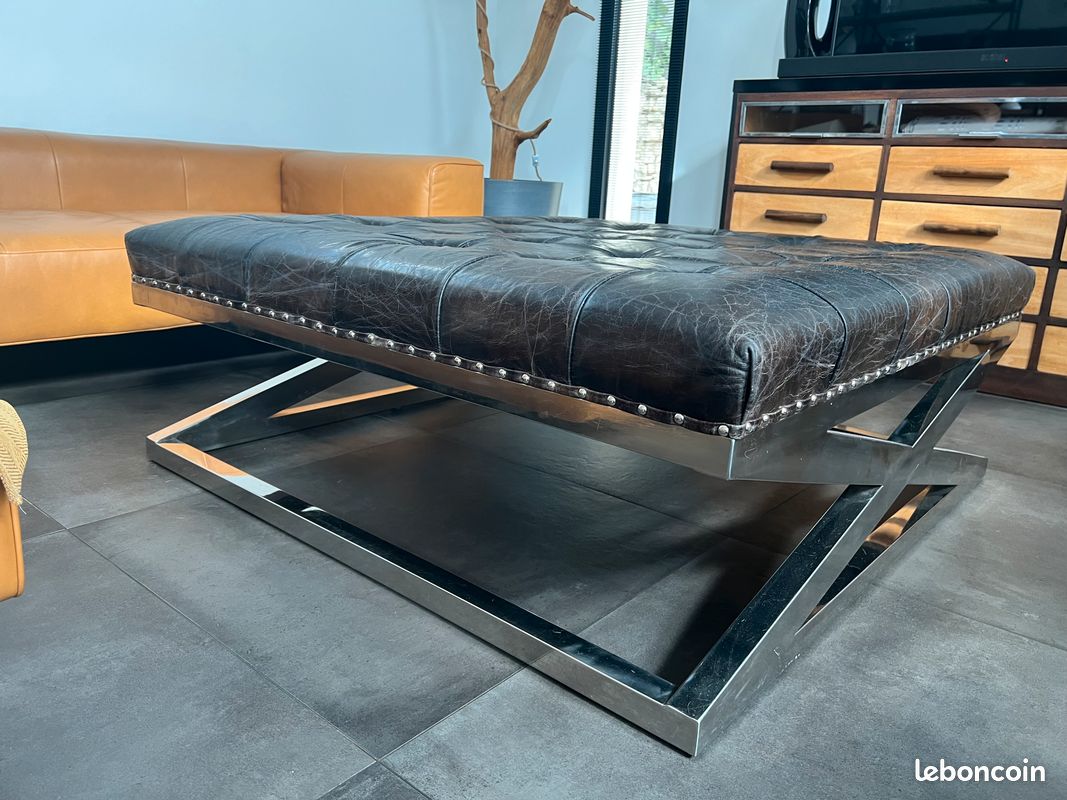 Table basse/pouff en cuir véritable piétement acier (image 7)