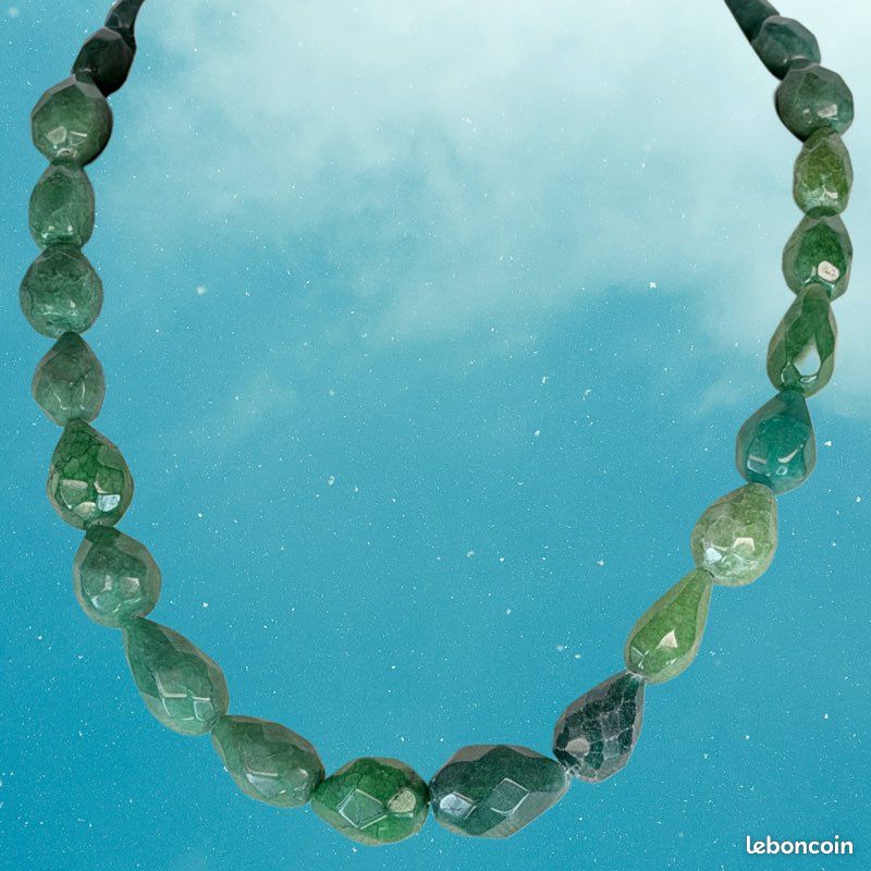 Collier Long En Verre Turquoise Et Vert émeraude 48cm - Perles à Facettes Gouttes
