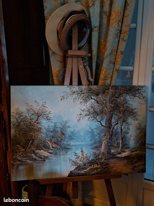 Grand tableau paysage forêt et rivière - Huile sur toile signée I. Cafieri (90x60 cm) Description : À vendre, magnifique et grande peinture à l'huile sur toile authentique, signée (image 1)