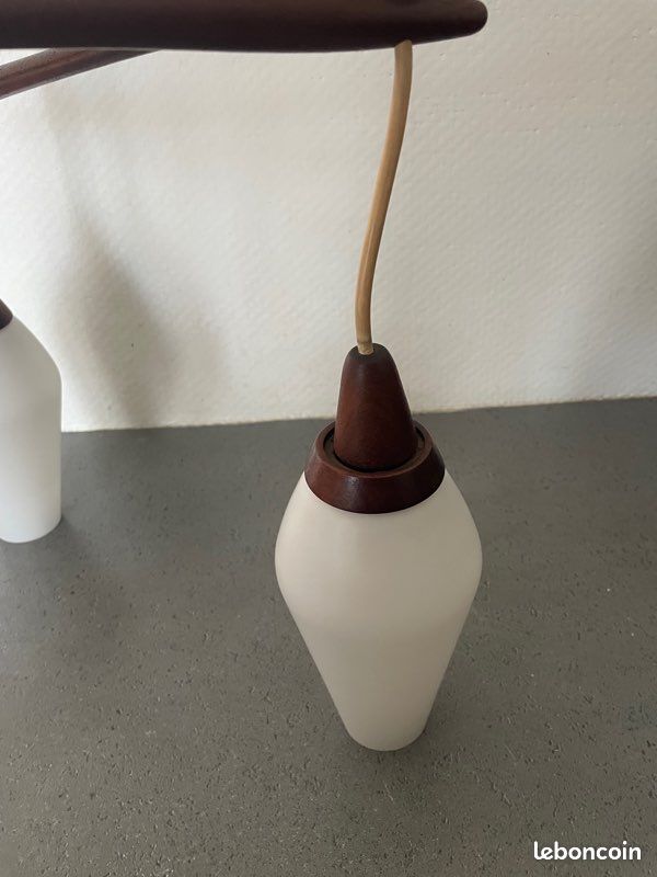 Lustre Scandinave Kristiansson Pour Luxus Suède 1960 - Bois Et Verre Opalin