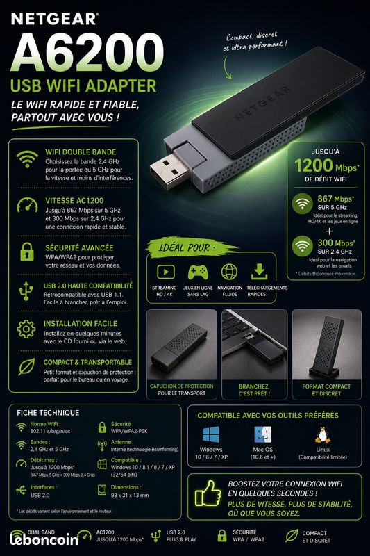 Clé WiFi USB NETGEAR A6200 – Dual Band 802.11ac AC1200 (image 2)
