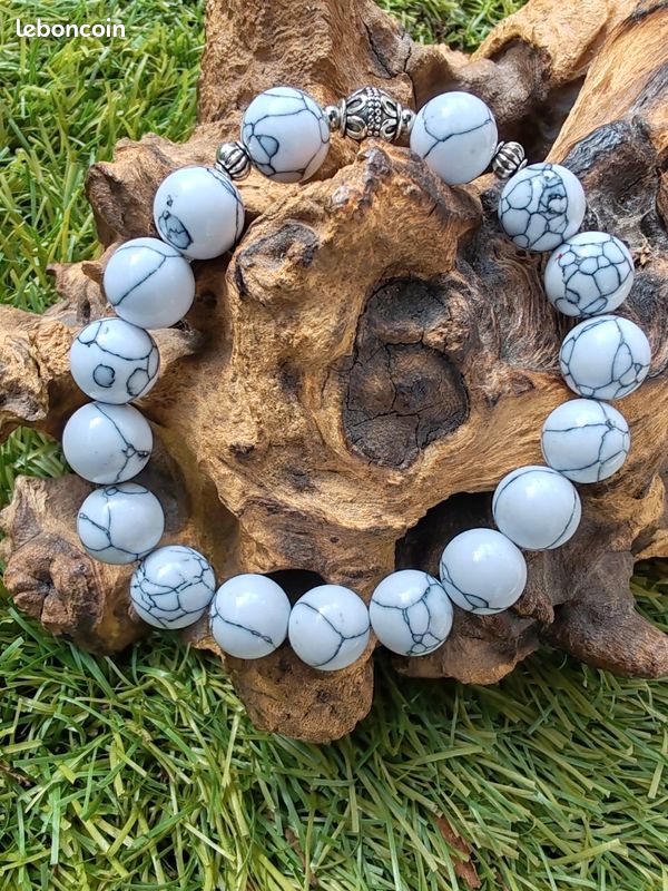 Bracelet pierres howlite blanche striée grise 10 mm (image 5)