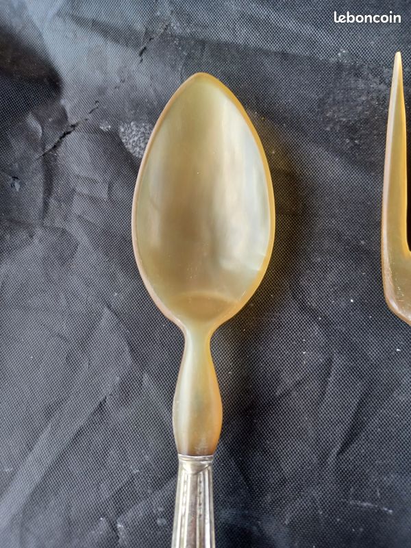 Couvert à Salade Vintage En Acier Inoxydable Avec Manche En Corne - 26 Cm - Occasion, Style Art Nouveau