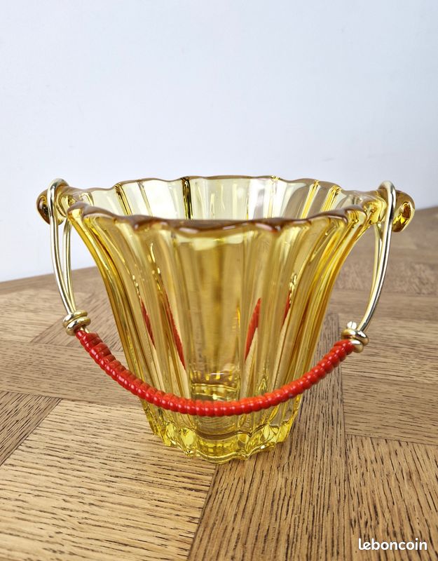 ancien seau à glace vintage en verre anse dorée