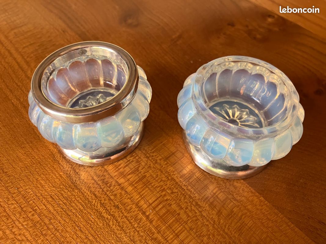 Paire de salières art déco verre opalescent bleu & métal argenté + cuillères Christofle (image 6)