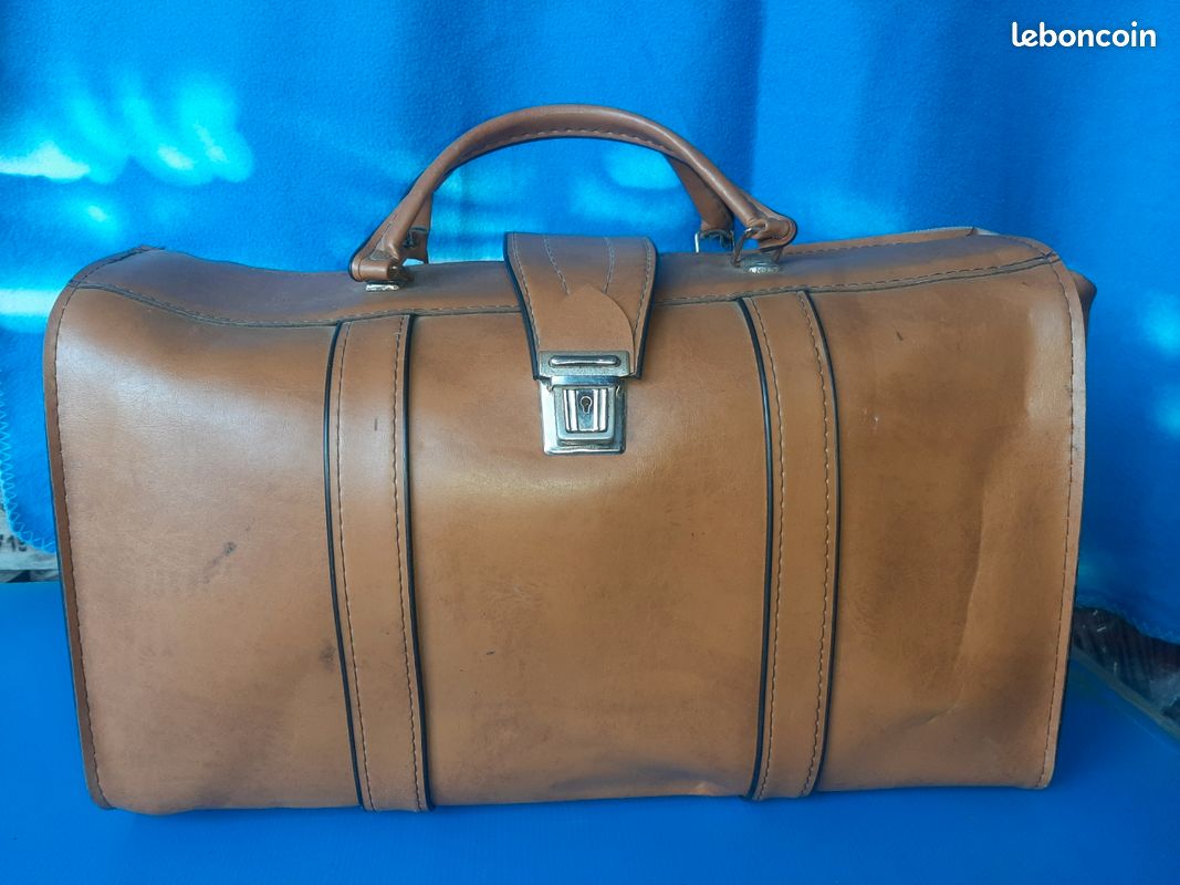 Sac De Voyage Vintage En Cuir Noir - Style Sacoche De Médecin - Dimensions 22x20x20 Cm - Occasion
