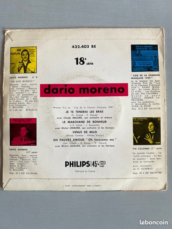 Vinyle Dario Moreno – Je Te Tendrai Les Bras (image 2)