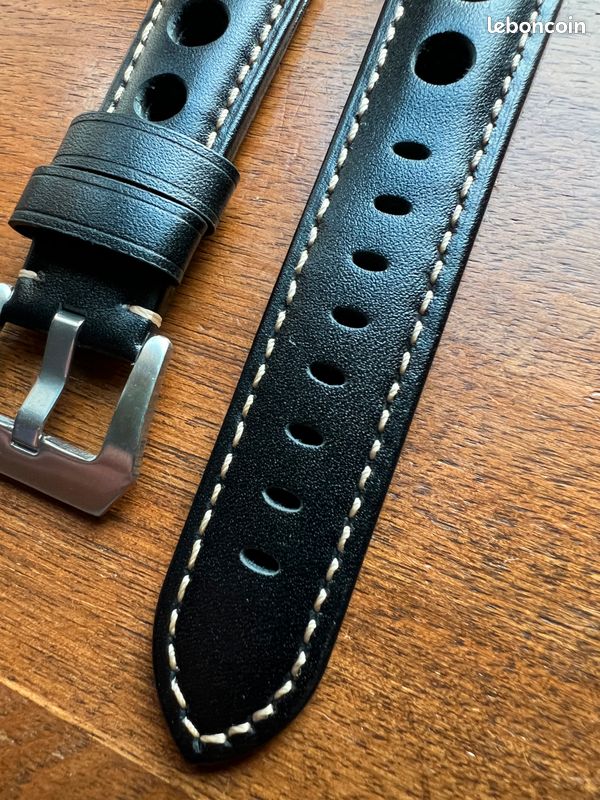 Bracelet De Montre Cuir Taureau ZRC 22mm - Noir - Neuf, Fait Main