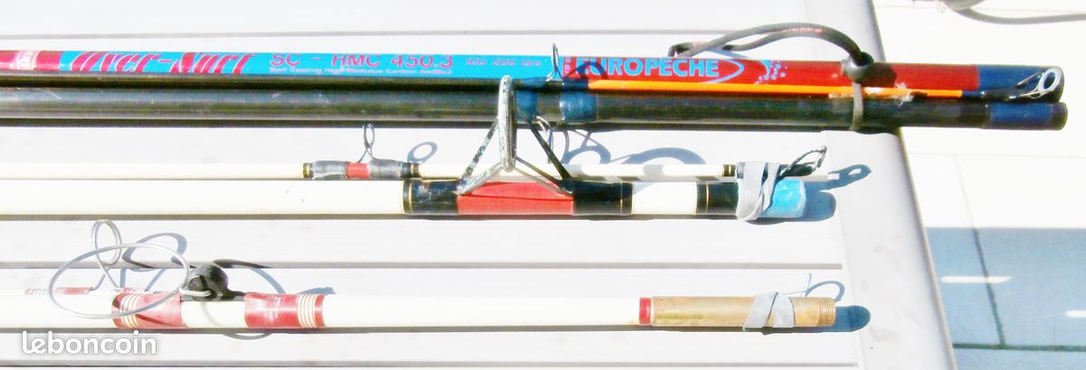 Cannes à pêche surf casting 4,5 m carbone + autres cannes en fibre de verre pleines et creuses – Pêche au gros – 1 Long piquet pour cannes surf casting – Moulinets divers petits et très gros (image 13)
