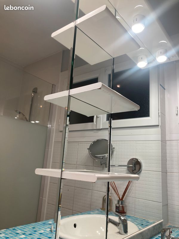 Ensemble sdb : miroir mural lumineux avec tablettes + 2 lavabos céramique blancs à encastrer avec mitigeurs / bondes clic-clac / évacuations (image 4)