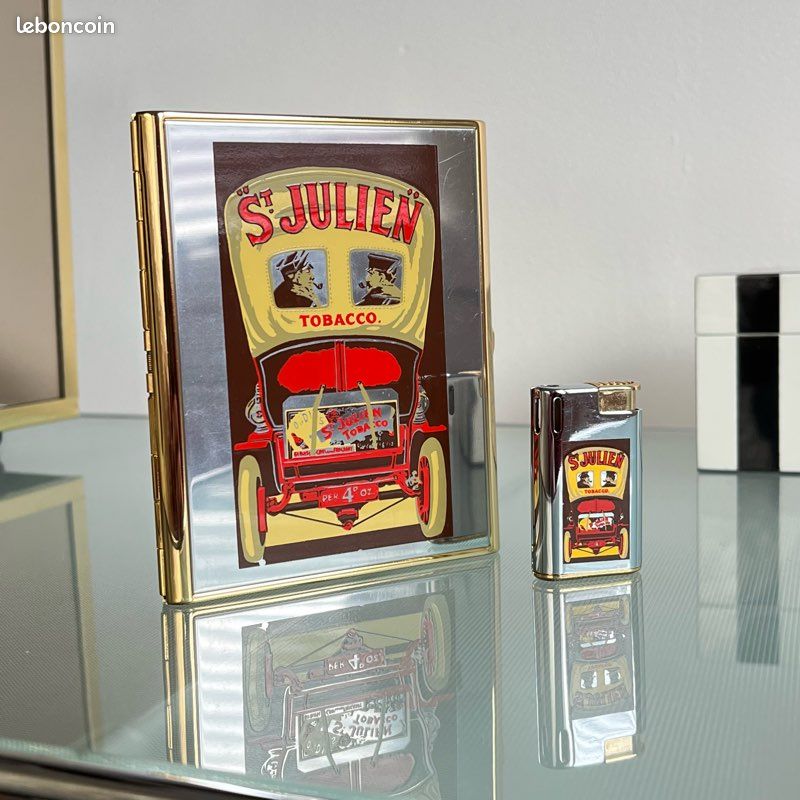 Ensemble tui  cigarette et briquet publicitaire tabac Saint-Julien -  Dcoration
