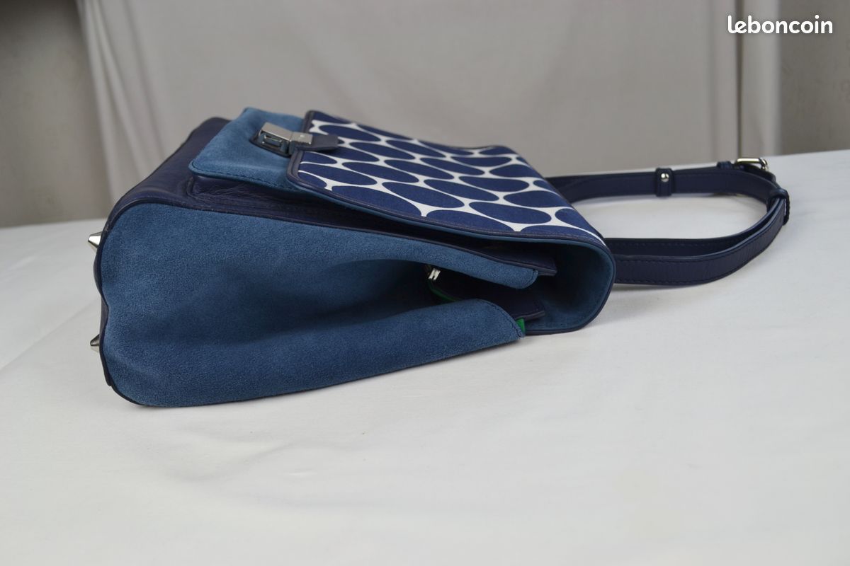 Sac à main cuir lisse et velours bleu avec rabat à gros pois bleu – Etat neuf - Caroll (image 6)
