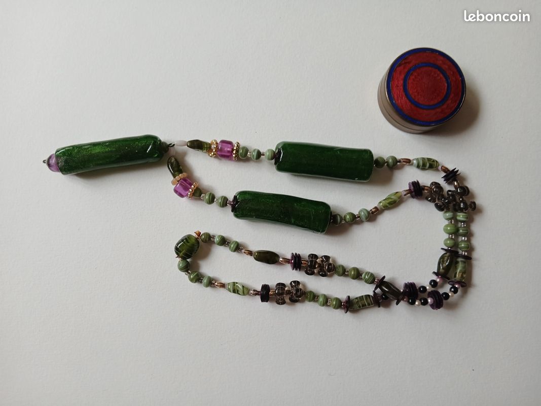 Collier Vintage Années 60/70 Perles Pâte De Verre Multicolore - Longueur Mi-Long - Occasion