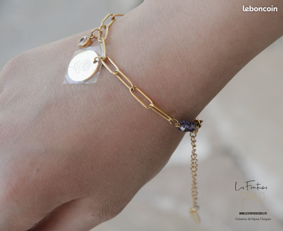 Bijoux femme Bracelet Mois de Juin "ROSE" Acier doré Oxyde de Zirconium et Cristal autrichien 16 cm Cadeau Anniversaire Modèle unique Assembler mains 🇫🇷 (A376) (image 2)