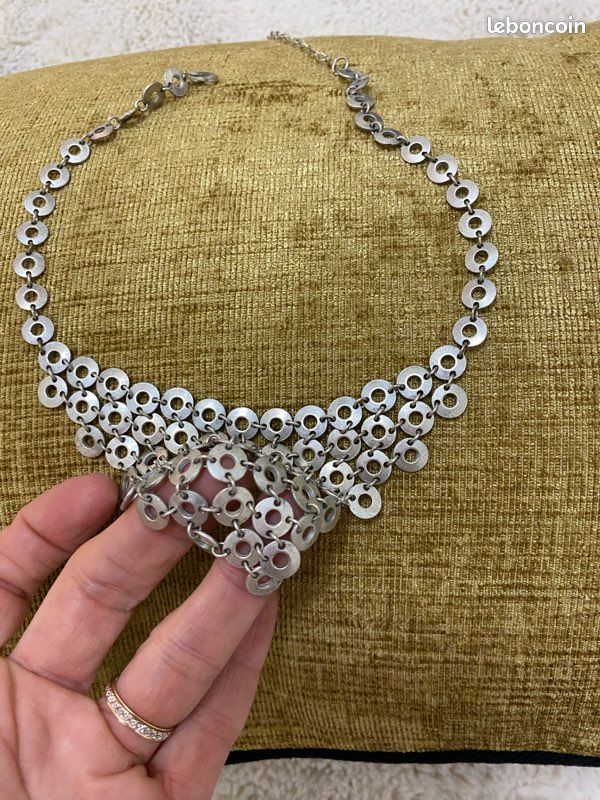 Collier Vintage En Métal Argenté Et Verre - Occasion - Style Rétro Et Bracelet