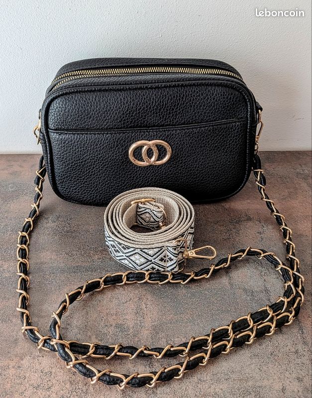 Sac Noir Double Chaîne Cuir Véritable - Sac à Main Tendance Avec Bandoulière Amovible - Élégant Et Résistant Pour Jour Et Soir