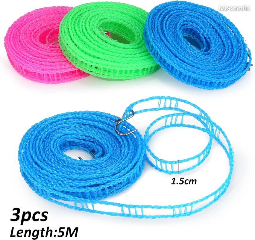 Giantree Lot de 2 cordes à linge antidérapantes avec crochets, portable, pour voyage, camping, maison, jardin et camping (5 mètres