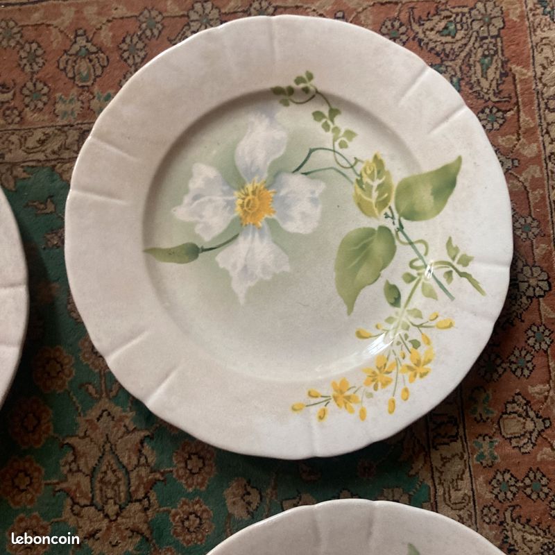 Lot grandes assiettes Luneville KG Art nouveau ancien fleur clématite jaune (image 5)
