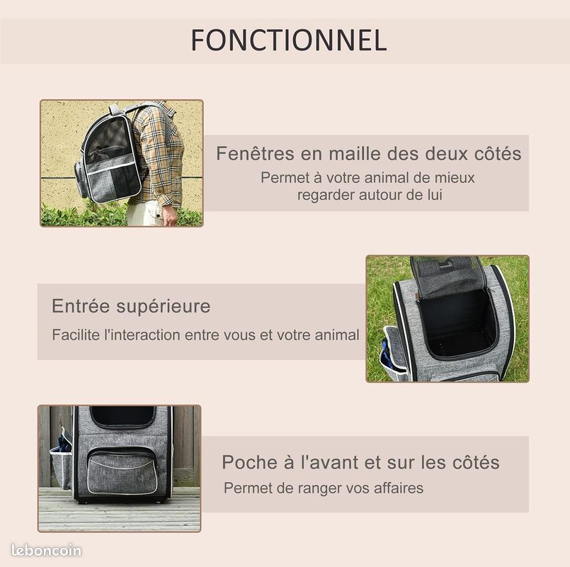 Sac transport sur roulette ou a dos - neuf P chien & G chat pliable, max 10kg (image 3)