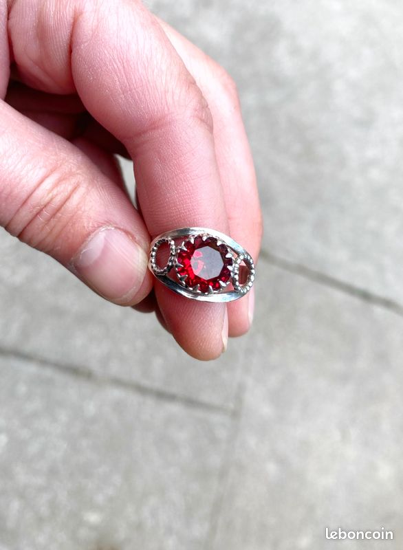 Bague Ancienne Argent Massif 925 - Jonc Alliance Style Créateur - Taille 53 - Rouge