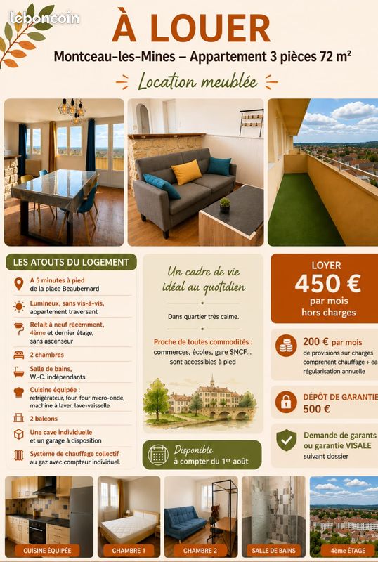 Appartement 3 pièces 72 m² · à Montceau-les-Mines · 72 m² · 650 €