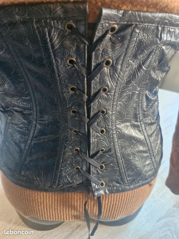 Bustier Vintage Années 80 PAP KIK - Cuir Velours Noir, Taille 2