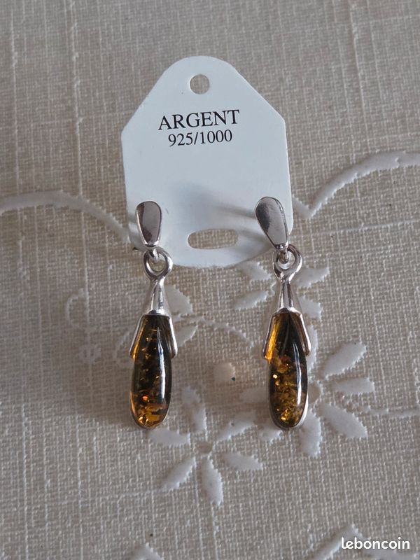 Boucles D'oreilles En Argent 925 Et Ambre – Style Puces – Occasion à Saisir