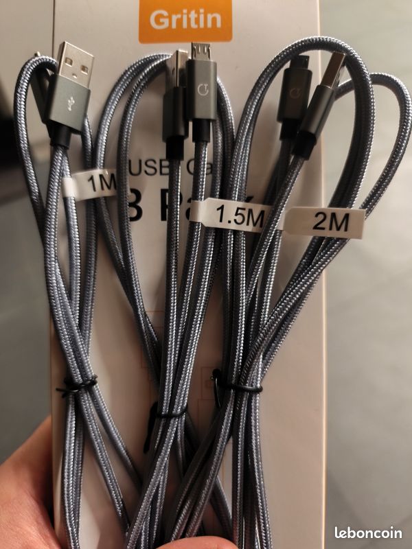 Pack 3 câbles neufs usb-A vers micro-usb (image 1)