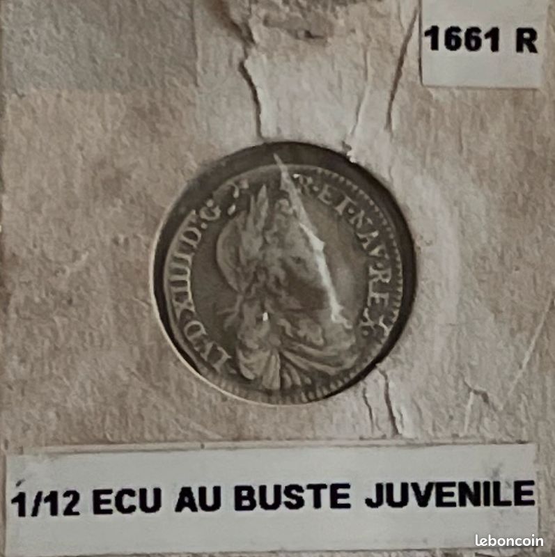 Pièce argent 91,7%. 1/12 ème d'écu au buste juvénile de Louis XIV 1661 R (image 3)