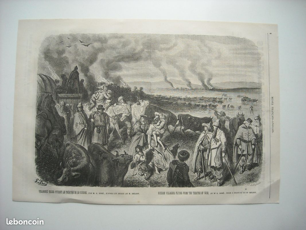 Lithos 1856. Guerre en orient. La garnison de kars sortant des forts avec les honneurs de la guerre. Par gustave dore. + au dos ; villageois russes fuyant le theatre de la guerre. Par gustave dore (image 2)