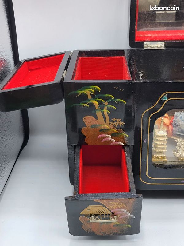 Xi coffret à bijoux musical japonais vintage laqué noir décor asiatique a restaurer (image 10)
