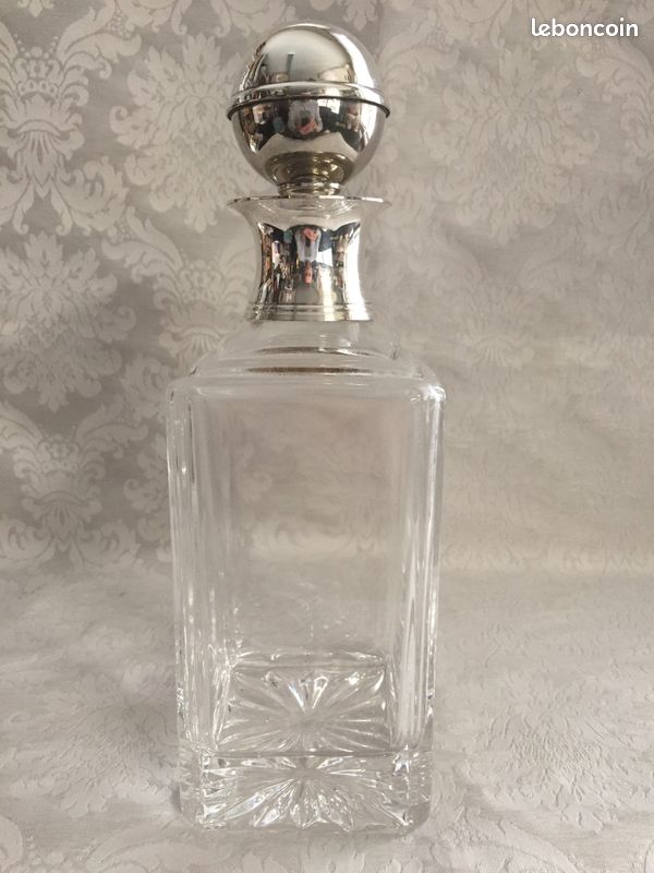 ANCIENNE CARAFE CRISTAL COL BOUCHON PLAQUE ARGENT WHISKY BOURBON COGNAC PORTO Art (image 10)