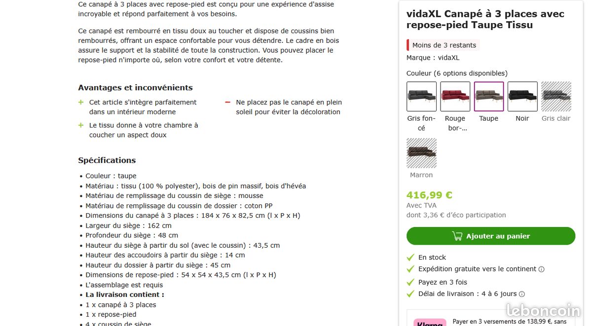 Canapé Neuf crème 3 places (image 6)