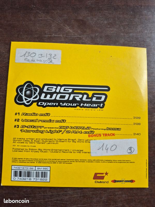 Cd 2 titres " open your heart" de big world (image 2)