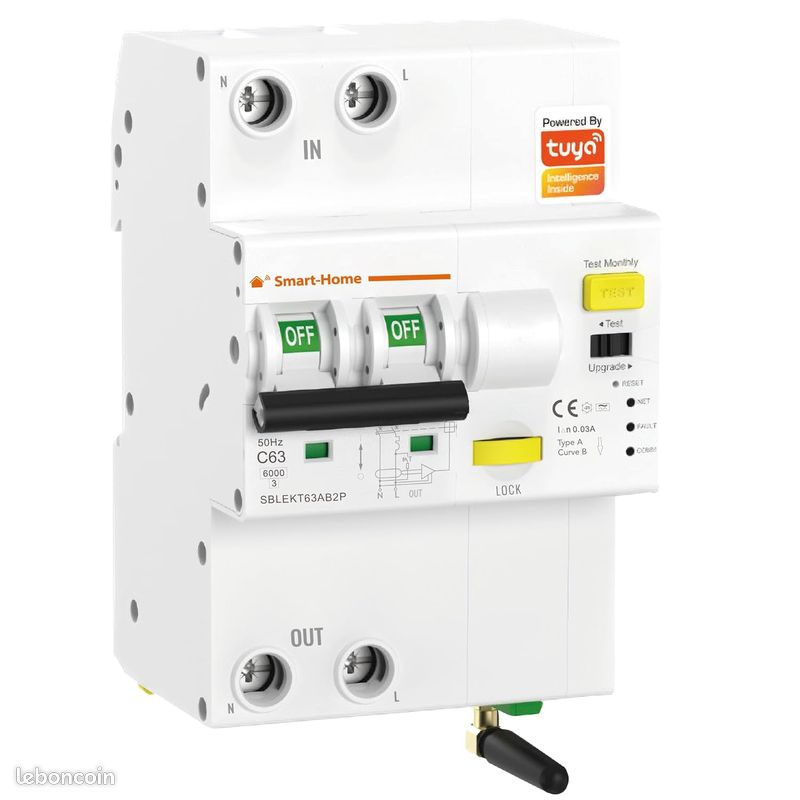 Disjoncteur monophasé différentiel 30mA type A connecté WIFI Tuya "Smart RCBO" - Disjonctions : Courant de Fuite, Surintensité, Surtempérature, Surpuissance, Sous/Surtension - Alexa - Enregistrement (image 1)