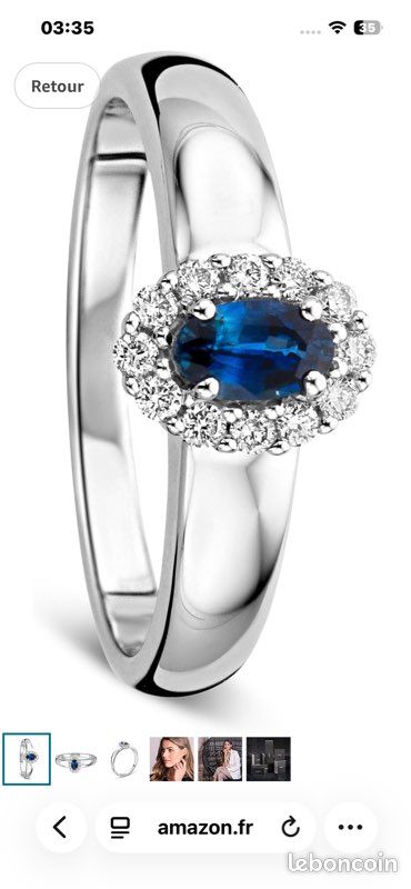 Bague Or Blanc 375 Avec Saphir Central Et 10 Diamants - Occasion, Style Classique